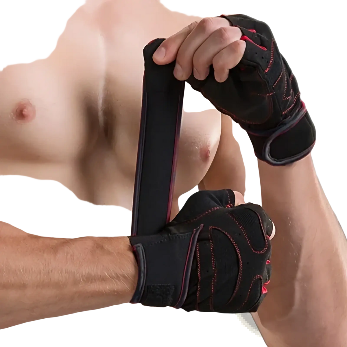 Weight lifting gloves for fitness and training in black and red with reinforced stitching and adjustable wrist straps shown from the back side