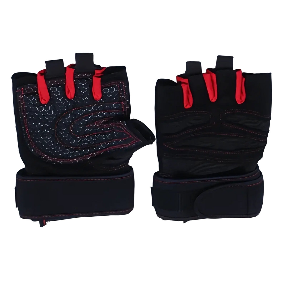 Weight lifting gloves for fitness and training in black and red with textured palm padding and adjustable wrist straps