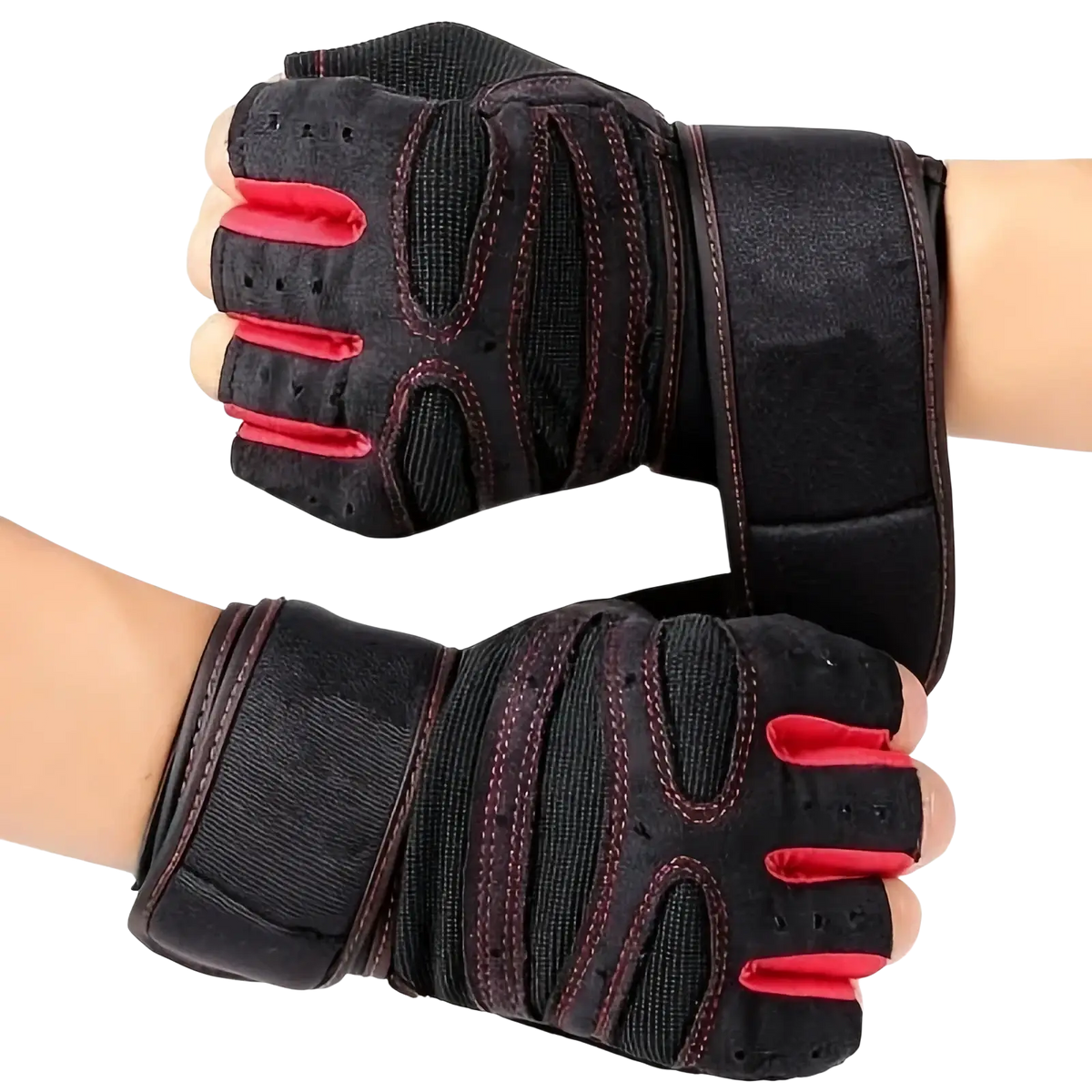 Black and red fingerless weight lifting gloves with reinforced palm padding for fitness and training use