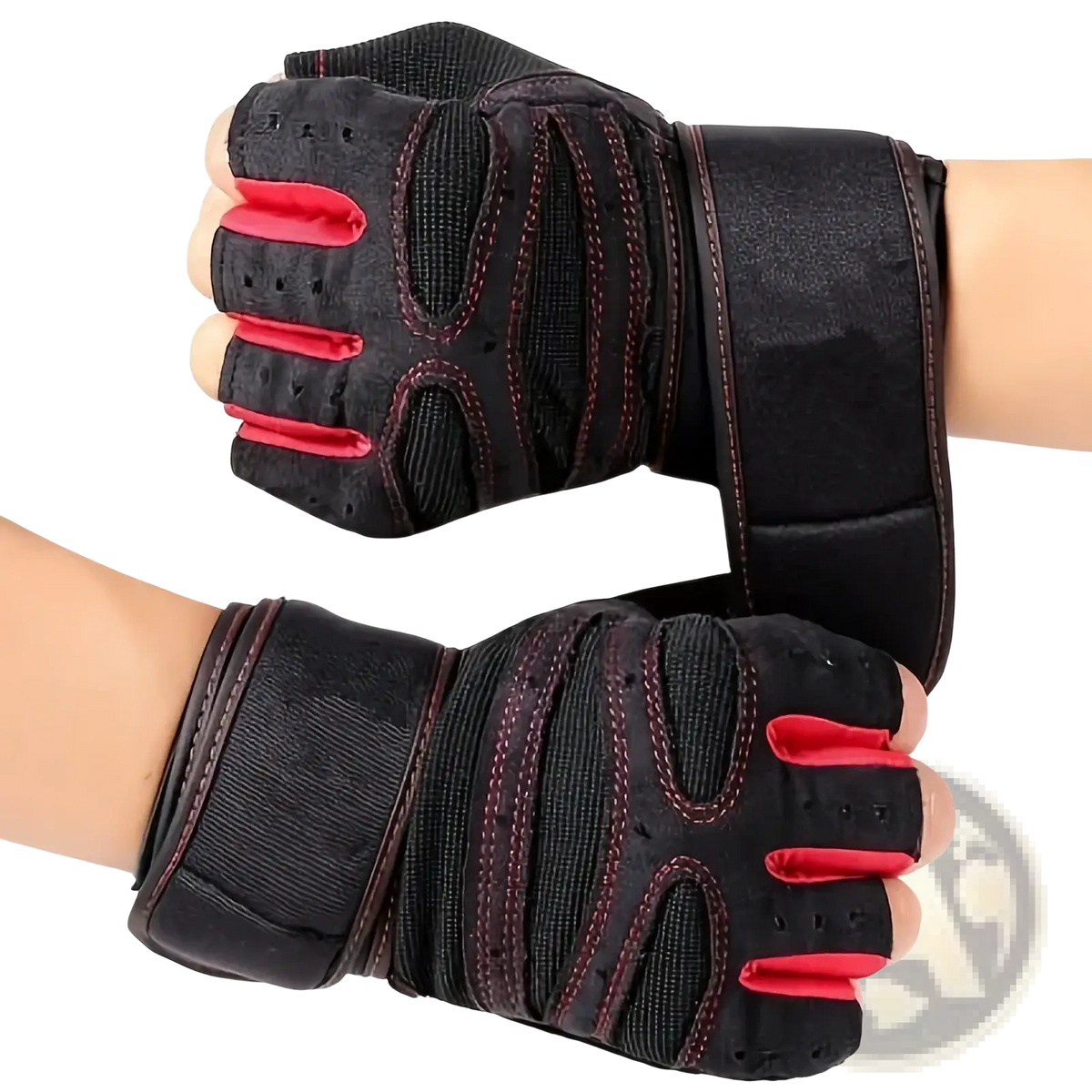 Weight lifting gloves for fitness and training in black and red with fingerless design padded and breathable mesh panels