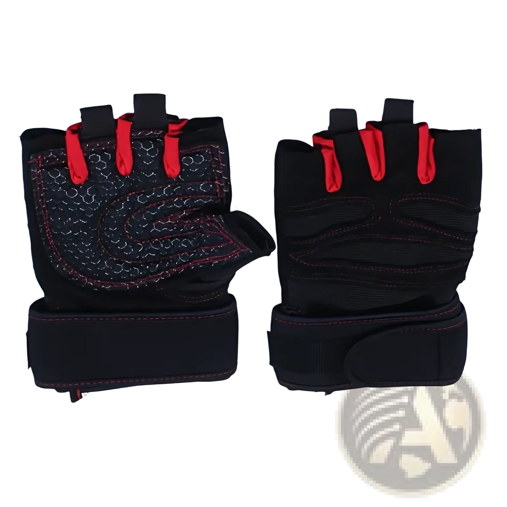 Weight lifting gloves for fitness and training in black and red with textured palm padding and adjustable wrist straps
