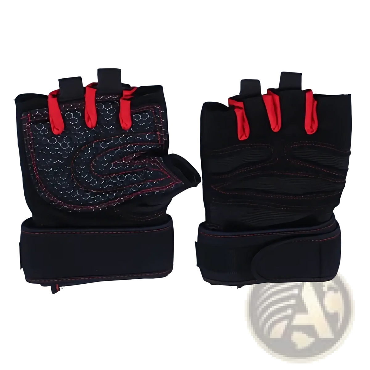Weight lifting gloves for fitness and training in black and red with textured palm padding and adjustable wrist straps