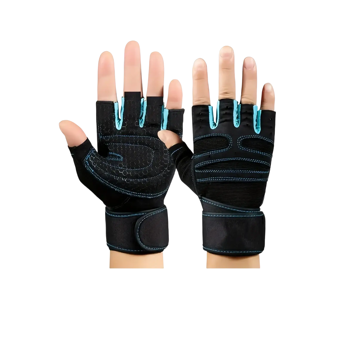 Weight lifting gloves for fitness and training in black and teal with fingerless design, textured palm, and adjustable strap