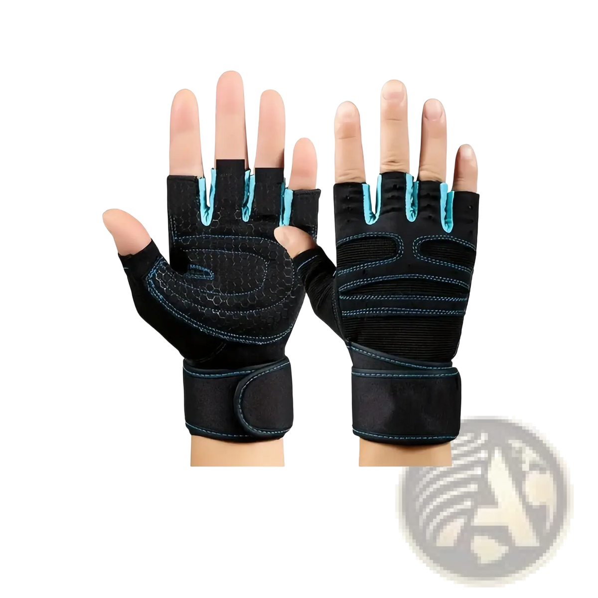 Weight lifting gloves for fitness and training in black and teal with fingerless design, textured palm, and adjustable strap