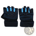 Weight lifting gloves for fitness with black and light blue fingerless design, reinforced palm padding, and adjustable wrist straps