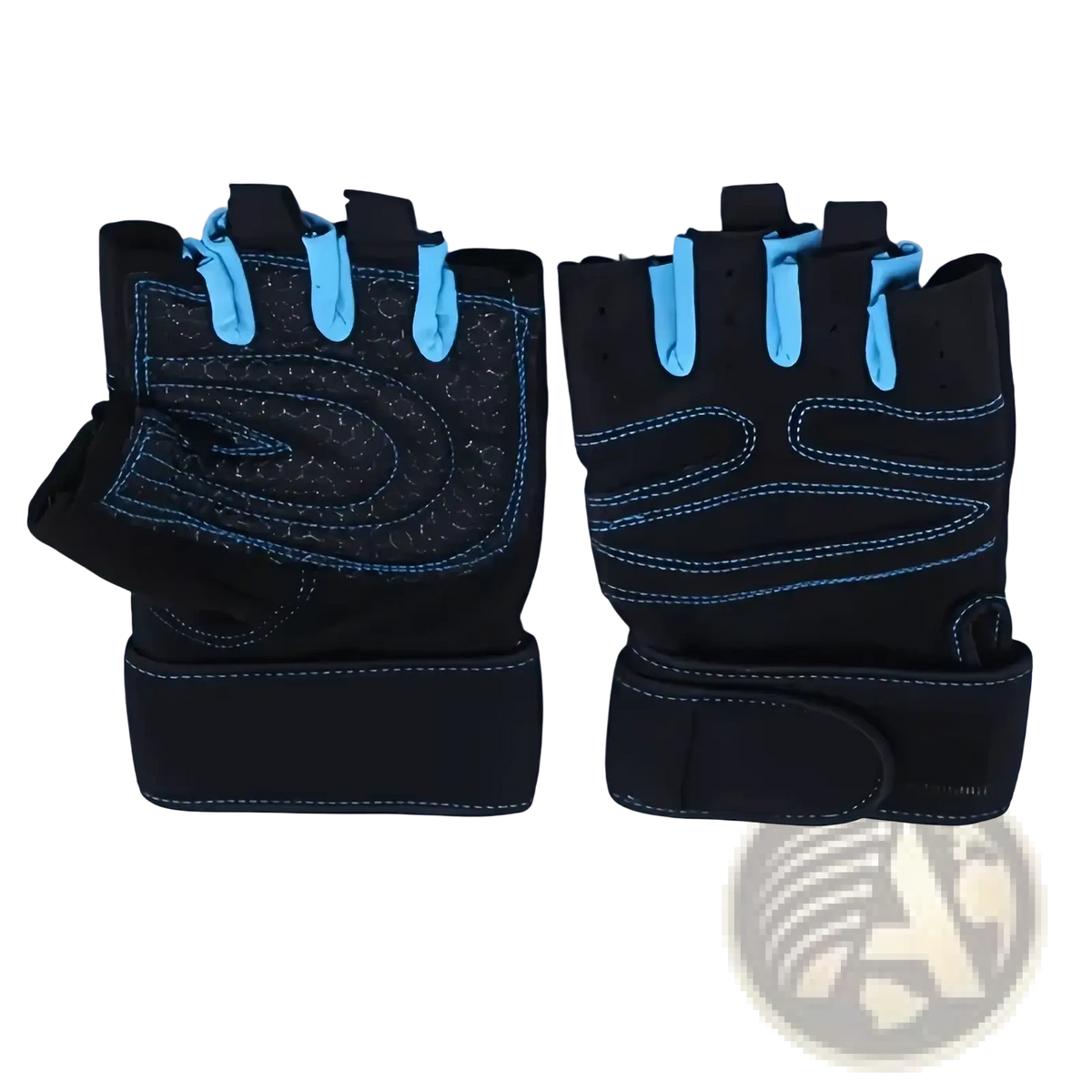 Weight lifting gloves for fitness with black and light blue fingerless design, reinforced palm padding, and adjustable wrist straps
