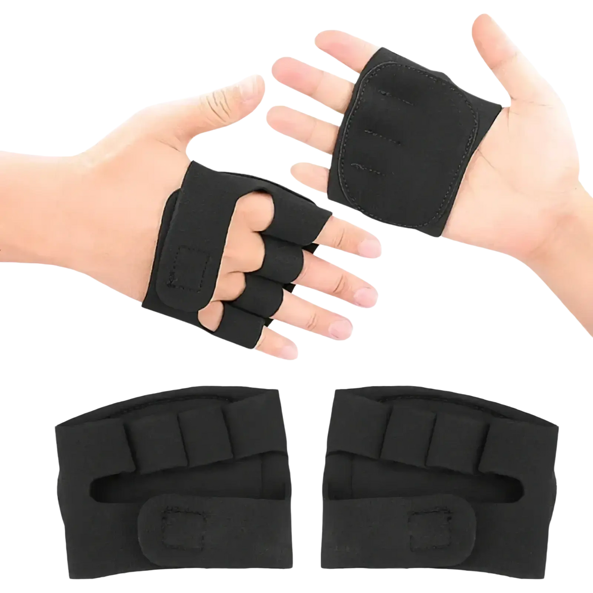 Black fingerless weight lifting gloves with padded palm and adjustable wrist strap for men and women