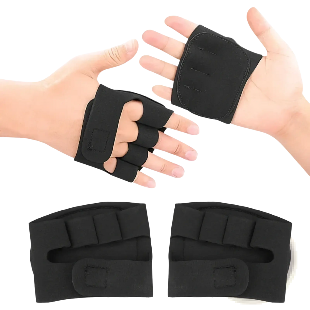Black fingerless weight lifting gloves with padded palm and adjustable wrist strap for women and men
