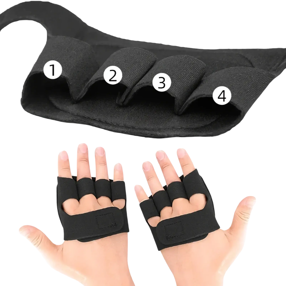 Black weight lifting gloves for women and men with padded elasticated four-finger slots and adjustable wrist strap