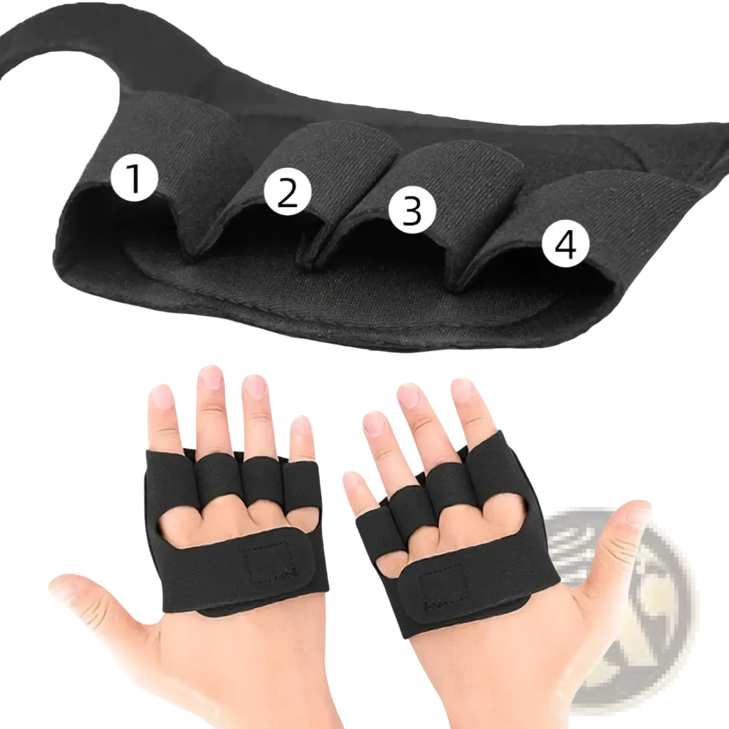 Black weight lifting gloves for women and men with padded elasticated four-finger slots and adjustable wrist strap