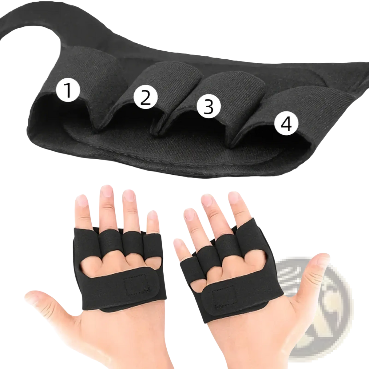 Black weight lifting gloves for women and men with padded elasticated four-finger slots and adjustable wrist strap