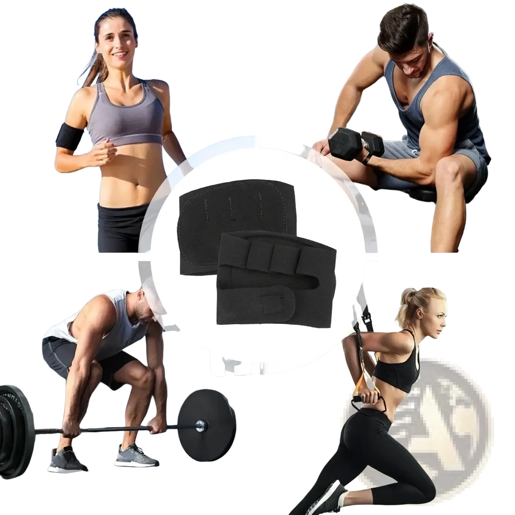 Black neoprene weight lifting gloves with adjustable wrist straps and reinforced padding for gym use