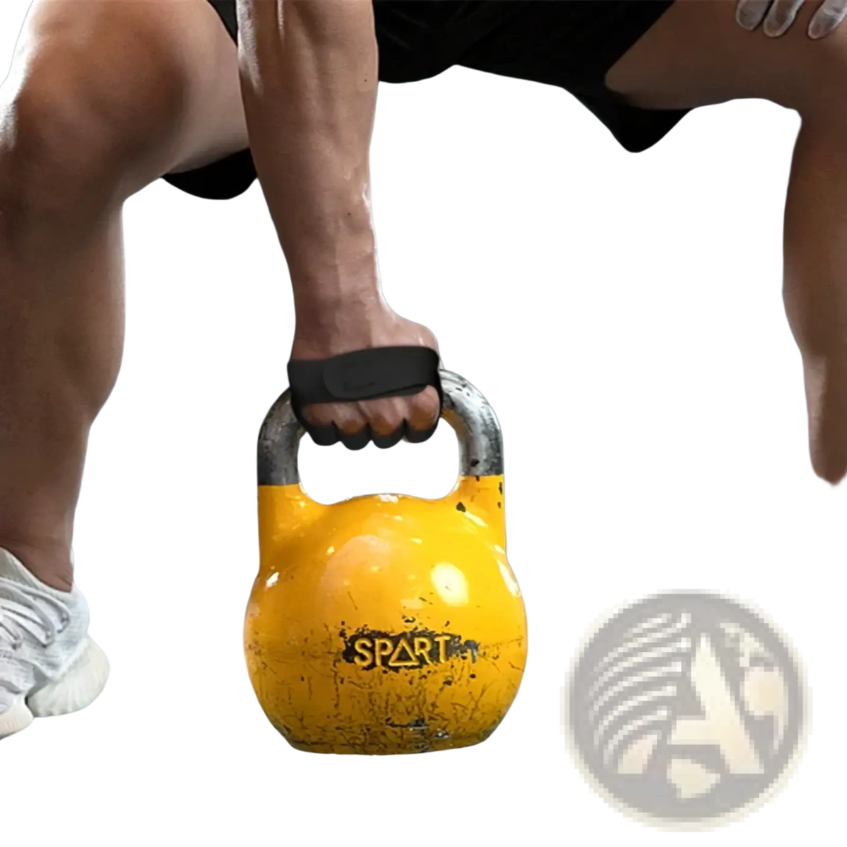 Weight lifting gloves for women and men with yellow spart kettlebell featuring black grip strap and metallic handle