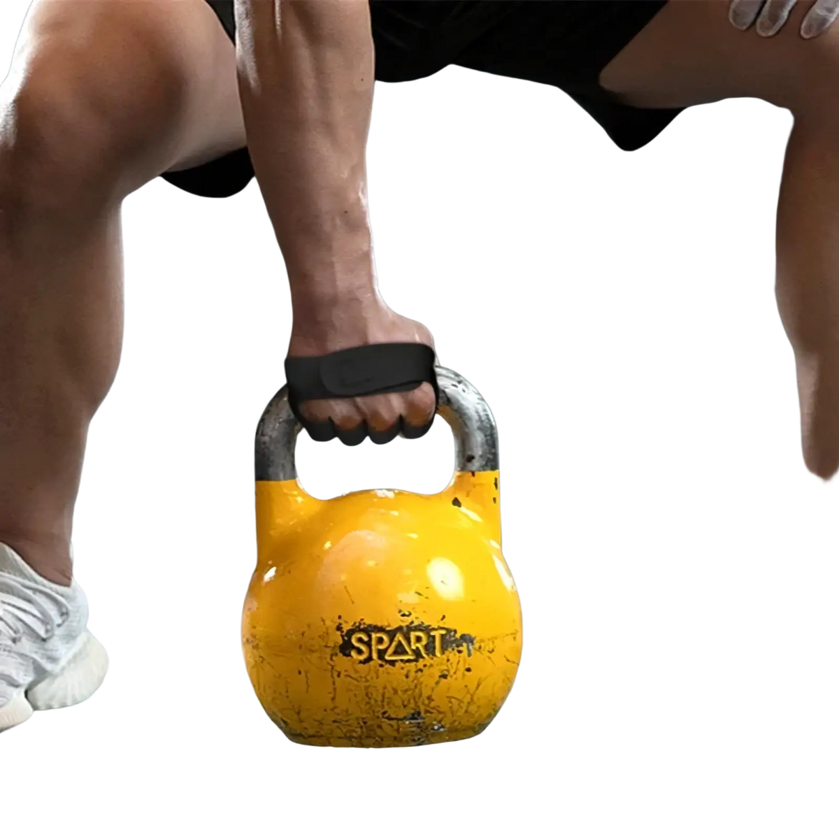 Weight lifting gloves for women and men with yellow spart kettlebell featuring black grip strap and metallic handle