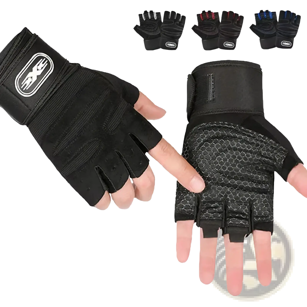 Black fingerless weight lifting gloves with textured grip and adjustable wrist wrap for secure support