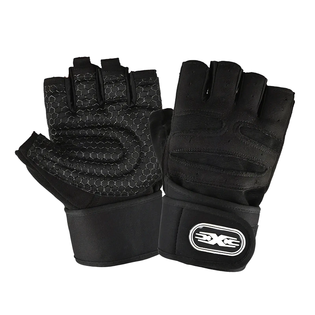 Black fingerless weight lifting gloves with breathable mesh palm and reinforced wrist strap with oval logo