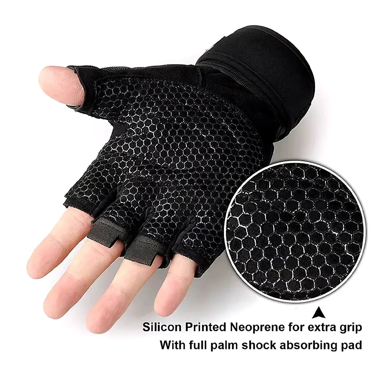 Black fingerless weight lifting gloves with wrist wrap featuring hexagonal mesh and silicone neoprene grip