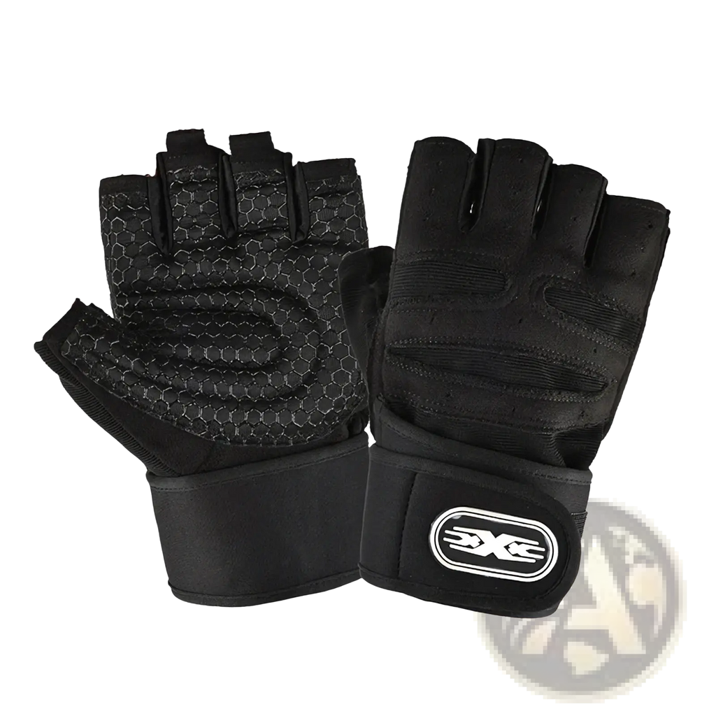 Black fingerless weight lifting gloves with breathable mesh palm and reinforced wrist strap with oval logo