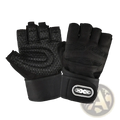 Black fingerless weight lifting gloves with breathable mesh palm and reinforced wrist strap with oval logo
