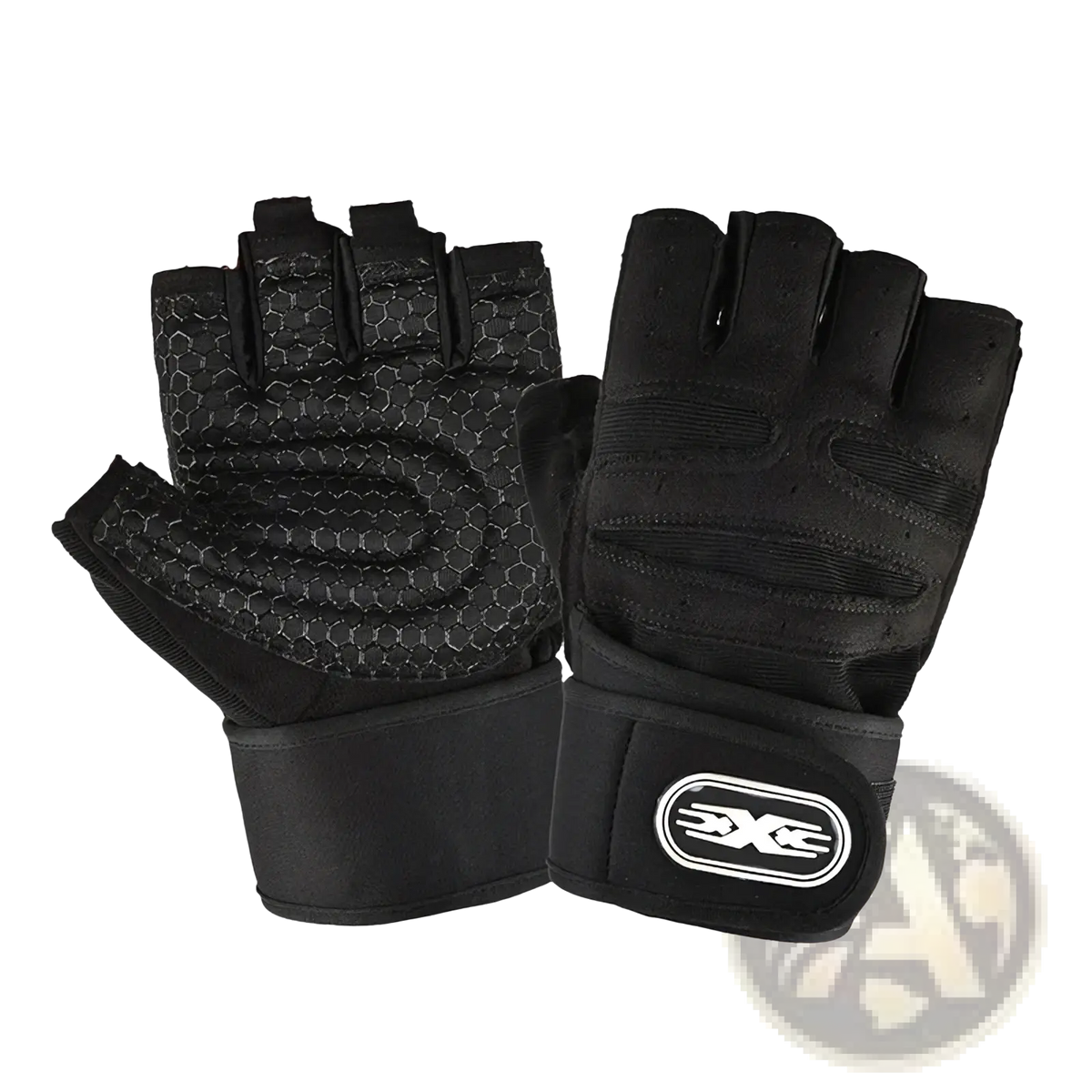Black fingerless weight lifting gloves with breathable mesh palm and reinforced wrist strap with oval logo