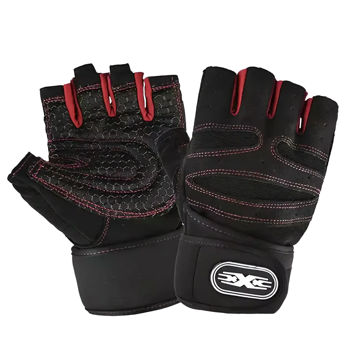 Weight lifting gloves with wrist wrap in black and red featuring fingerless design textured palm breathable mesh and reinforced stitching
