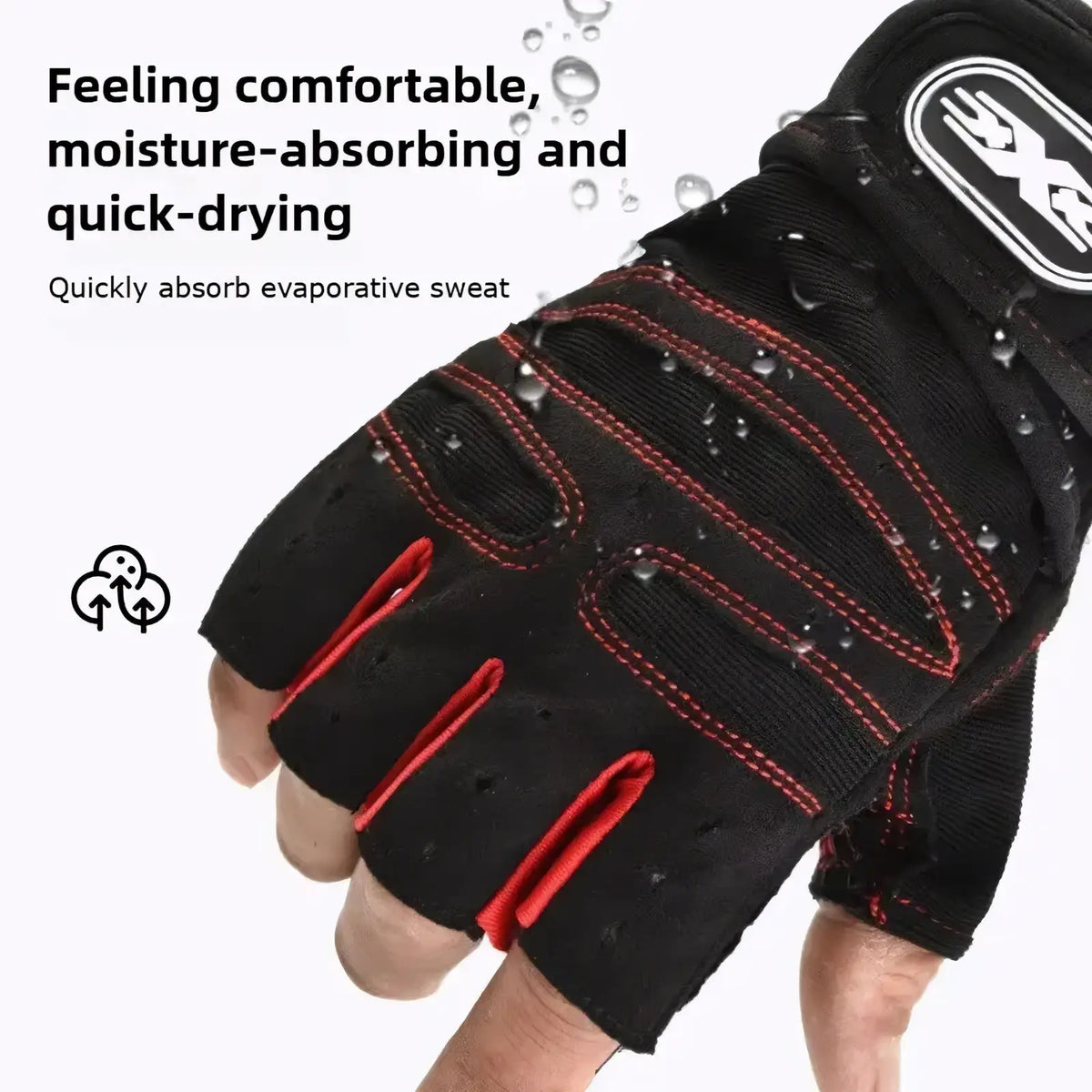 Weight lifting gloves with wrist wrap showing back side black and red fingerless design with breathable mesh panels