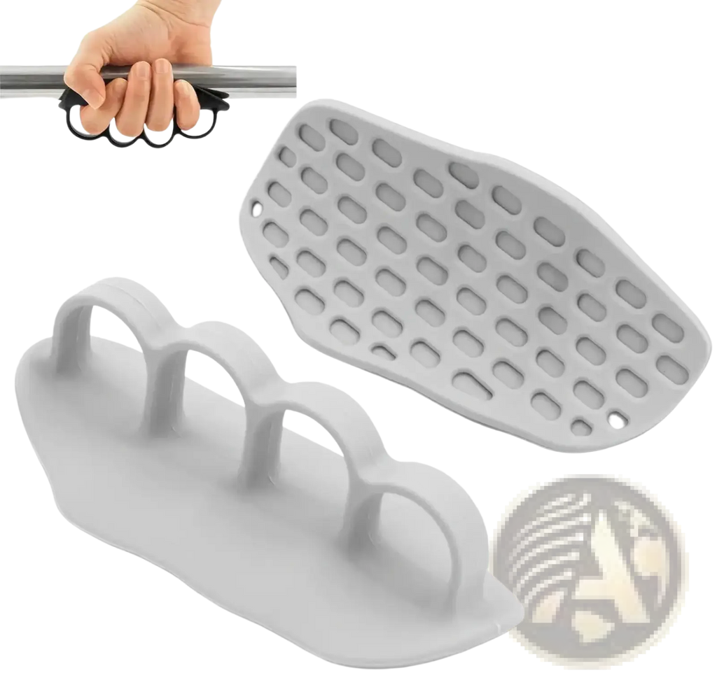 Gray silicone weight lifting grips with three finger loops and perforated backing for non-slip workout hand protection