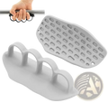 Gray silicone weight lifting grips with three finger loops and perforated backing for non-slip workout hand protection