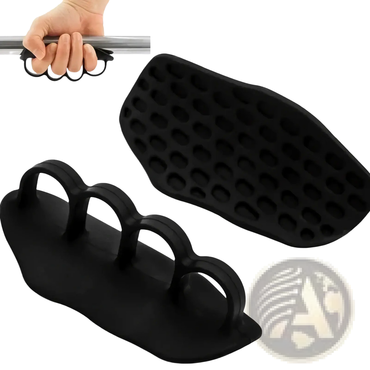 Black rubber weight lifting grips with three finger loops and textured non-slip surface for enhanced workout hand protection