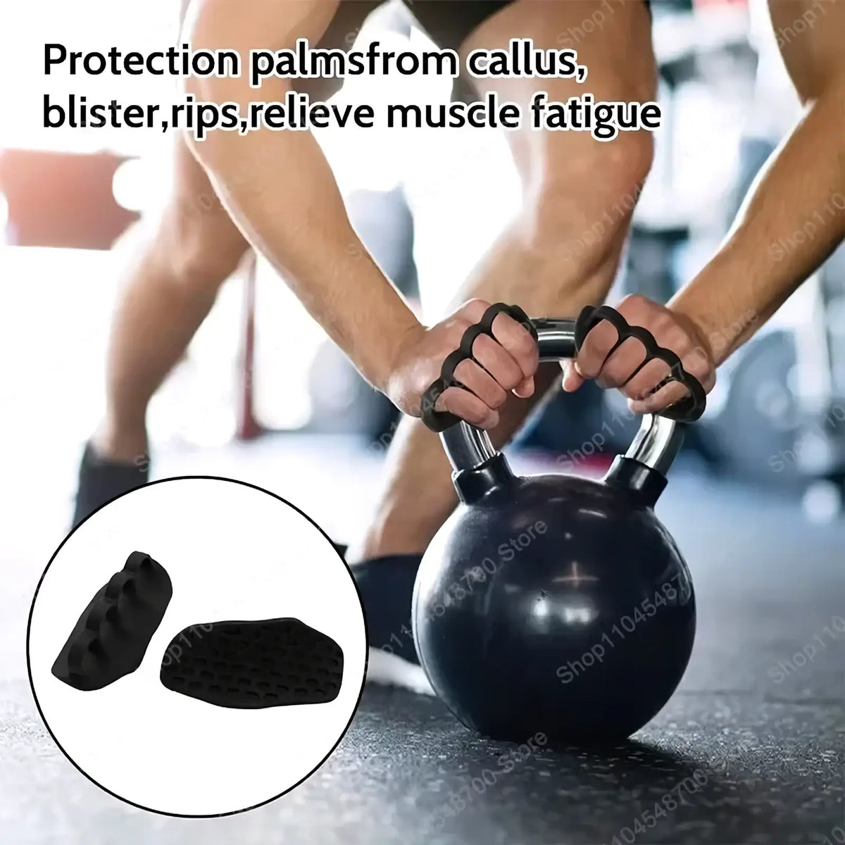 Black rubber weight lifting grips with textured surface designed as non-slip hand protectors for kettlebell workouts