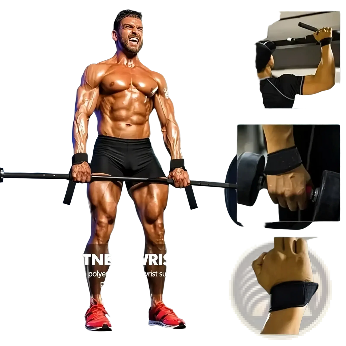 Black polyester weight lifting straps padded wrist wraps designed for pull-ups and weight training fitness use
