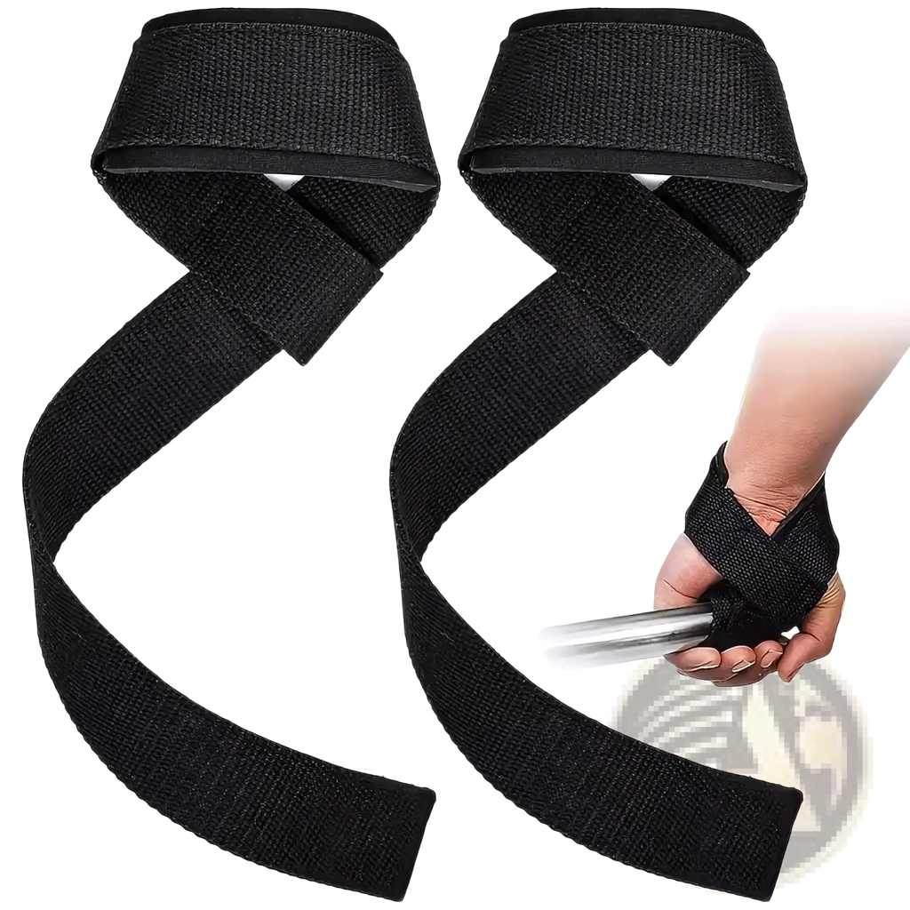 Black woven fabric weightlifting wrist wraps with padded adjustable straps for secure support during lifting
