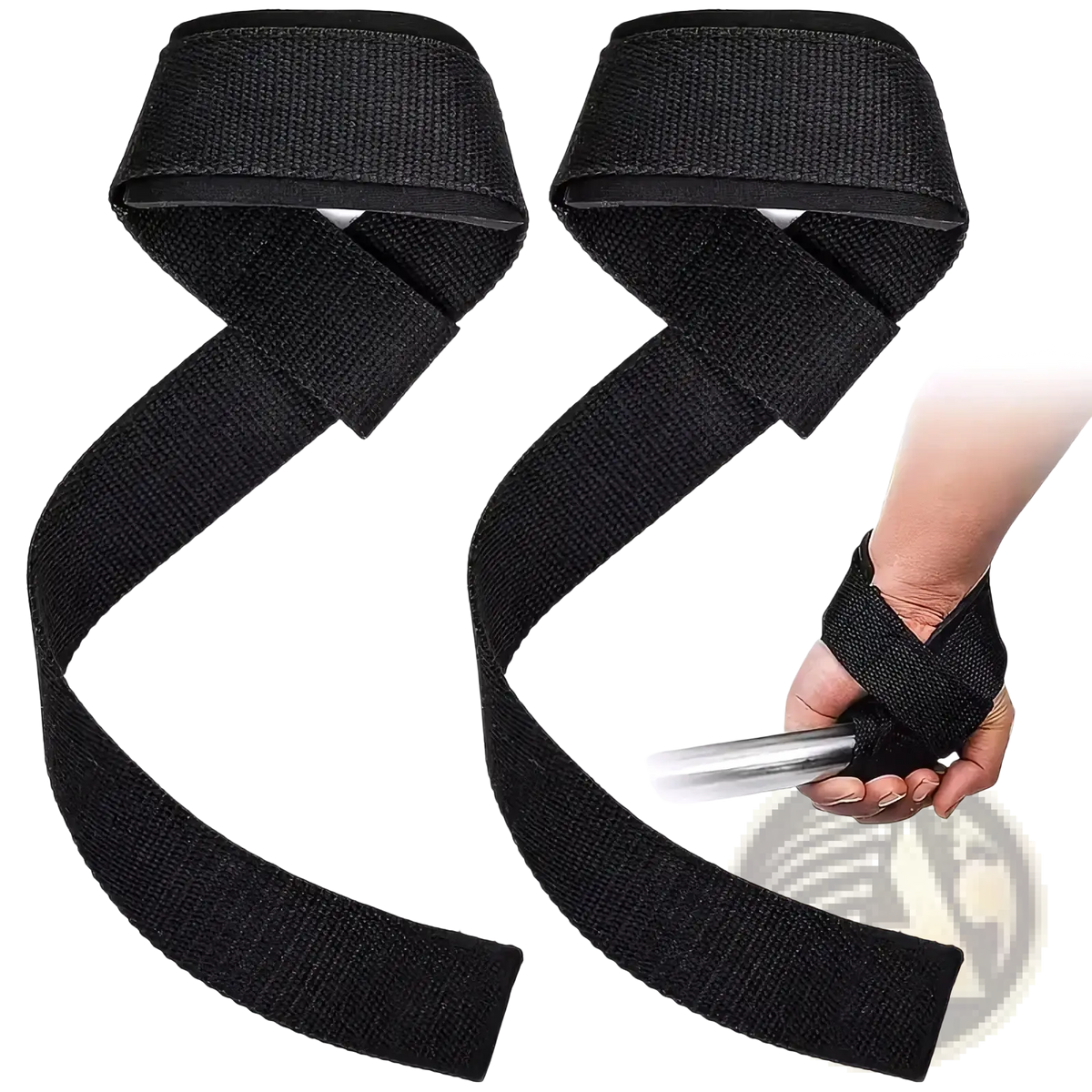 Black woven fabric weightlifting wrist wraps with padded adjustable straps for secure support during lifting