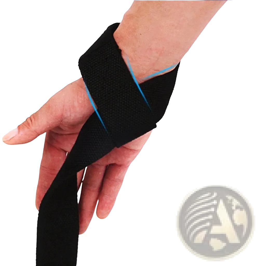 Black elastic weight lifting wrist straps with snug adjustable fit for support during gym workouts