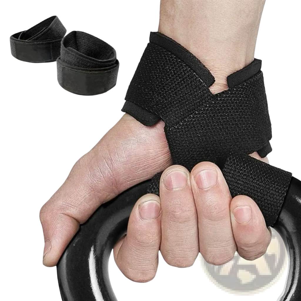 Black woven fabric weight lifting wrist strap worn on hand gripping exercise ring for gym workout support