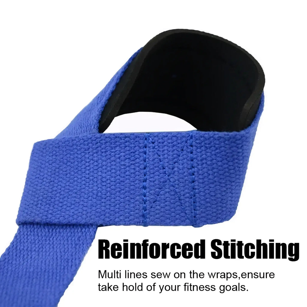 Weight lifting wrist straps in blue woven fabric with black padded interior and reinforced stitching for gym workout