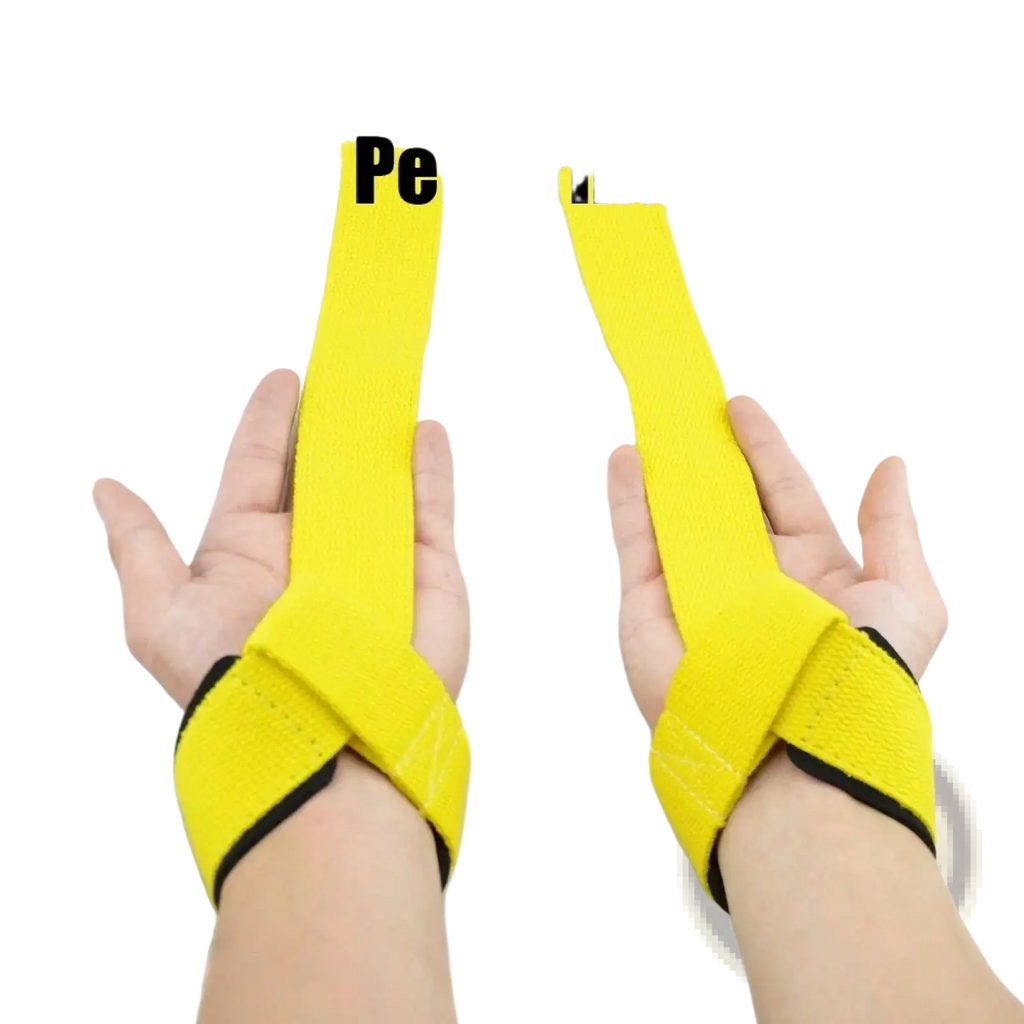 Bright yellow weight lifting wrist straps with black trim designed for grip and support during gym workouts