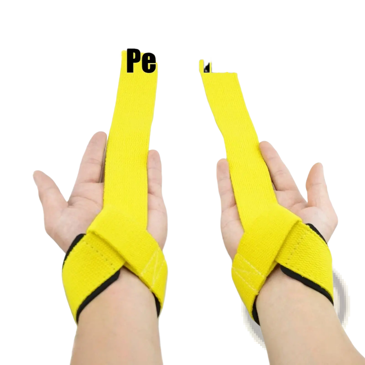 Bright yellow weight lifting wrist straps with black trim designed for grip and support during gym workouts