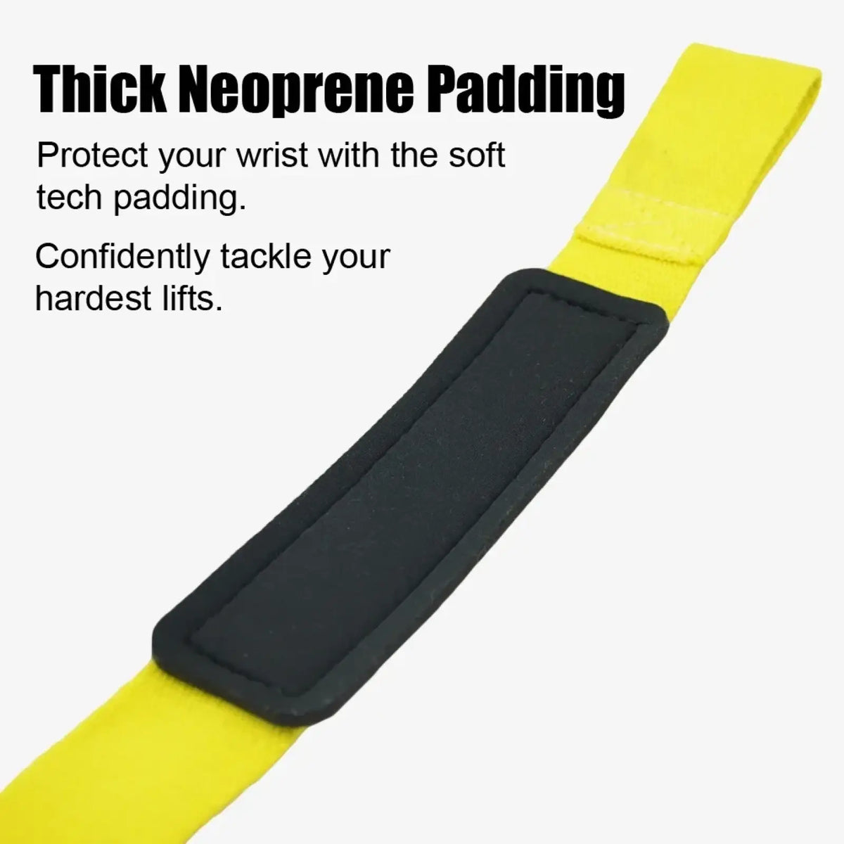 Yellow neoprene weight lifting wrist strap with black padded section designed for gym workout support