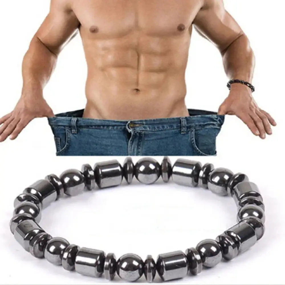 A sleek dark gray pentagram stone magnetic hematite therapy bracelet with alternating spherical and cylindrical beads