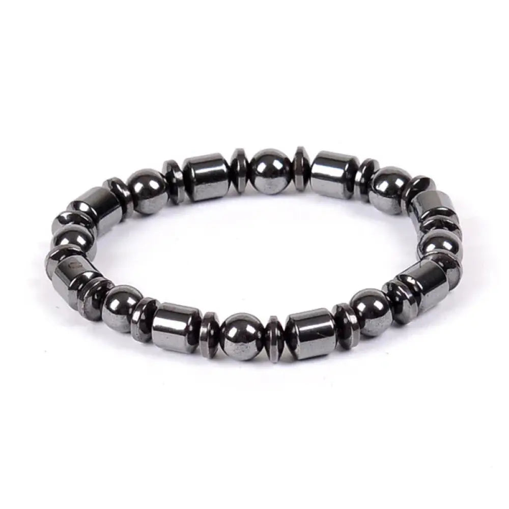 A sleek black pentagram stone magnetic hematite therapy bracelet with polished spherical and rectangular beads