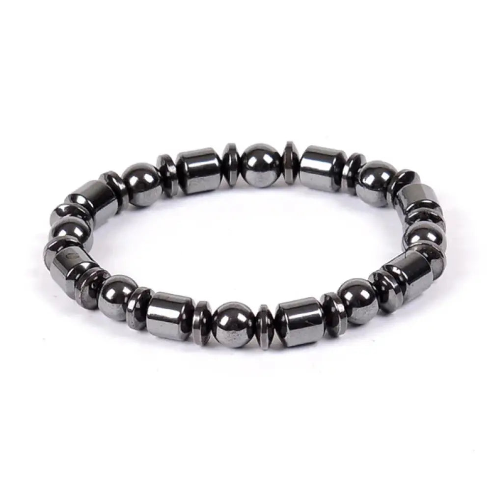 A sleek black pentagram stone magnetic hematite therapy bracelet with alternating spherical and cylindrical beads