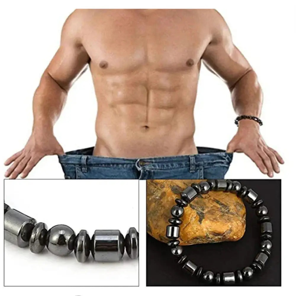 Black pentagram stone magnetic hematite therapy bracelet with alternating cylindrical and spherical beads