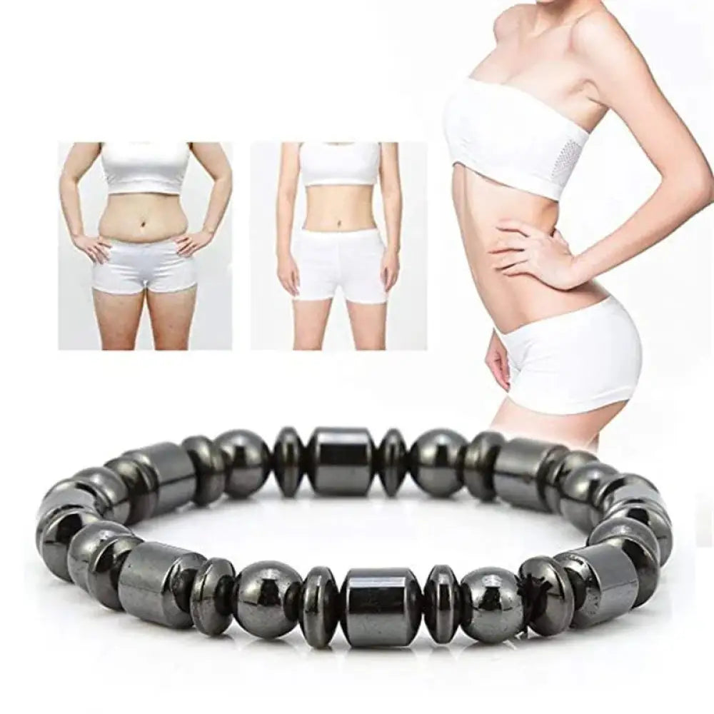 Black pentagram stone magnetic hematite therapy bracelet with alternating spherical and rectangular beads for pain relief