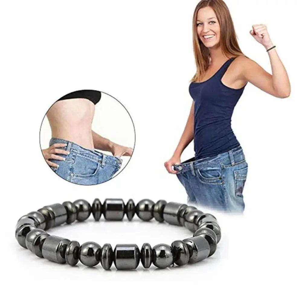 Black pentagram stone magnetic hematite therapy bracelet with alternating spherical and rectangular beads