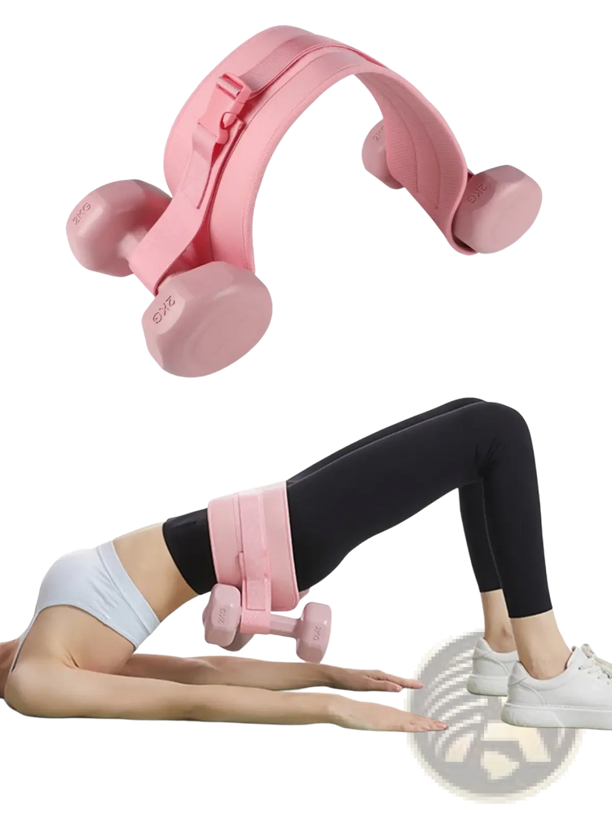 Pink adjustable weighted hip resistance band waist belt with padded straps and integrated dumbbell holders for glute workouts