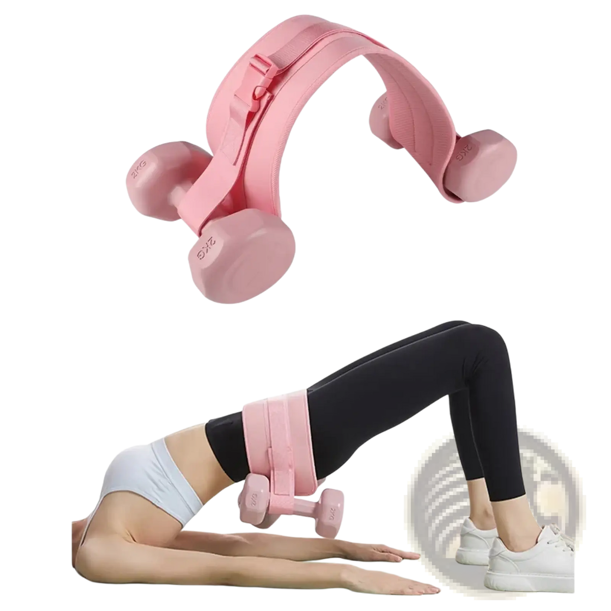 Pink weighted hip resistance band waist belt with adjustable straps and integrated dumbbells for glute workouts
