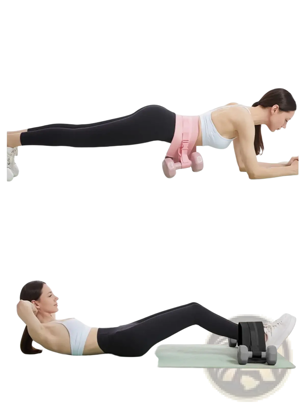 Weighted hip resistance band waist belt in pink and gray with adjustable straps for plank support and glute workouts