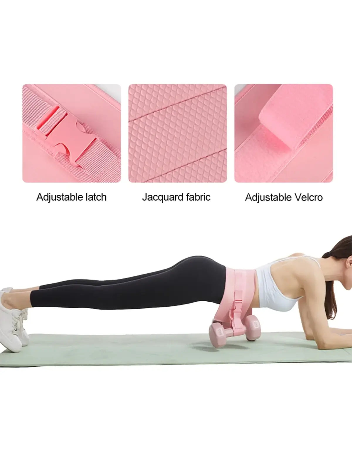 Pink jacquard fabric weighted hip resistance band with adjustable latch and velcro for glute workouts