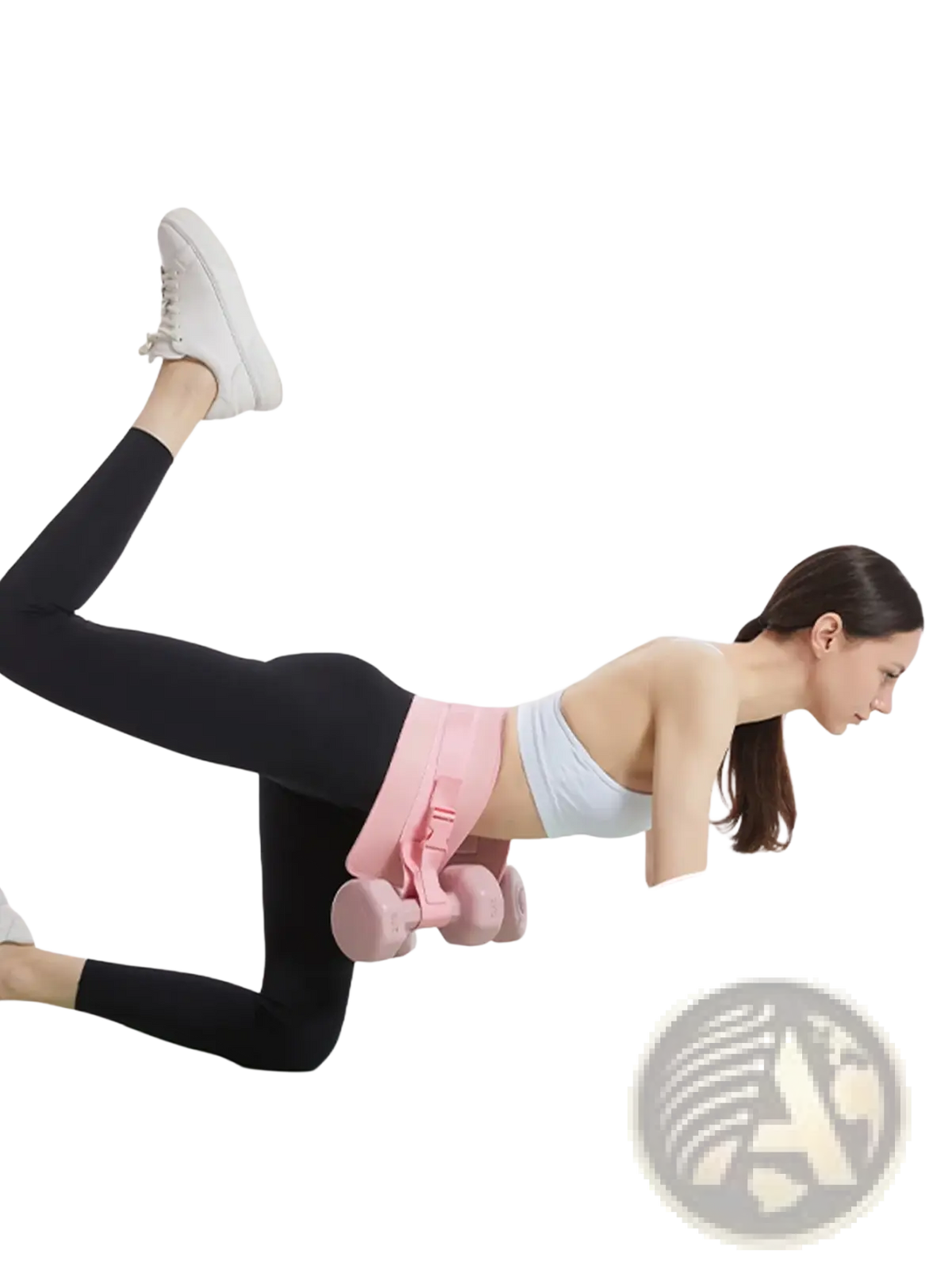 Pink padded waist trainer with integrated dumbbells and weighted hip resistance band waist belt for glute workouts